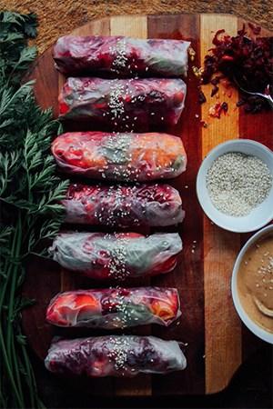 SUMMER ROLLS WITH GARDEN VEGGIES, BASIL + TAHINI CHILI SAUCE BY THIS RAWSOME VEGAN LIFE