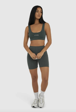 LSKD olive green bra and bike short activewear set on white background