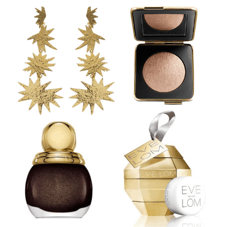  Christie Nicolaides Asteria Earrings in Gold ; Victoria Beckham for Estee Lauder Highlighter ; Dior Diorific Vernis in Cosmic ; Eve Lom Kiss Mix Bauble 