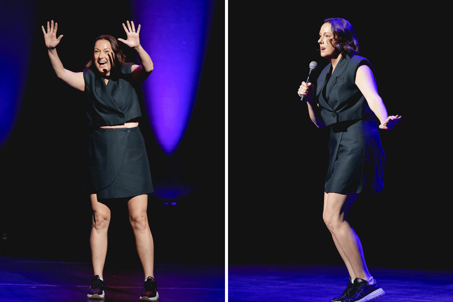 Celeste on stage performing comedy