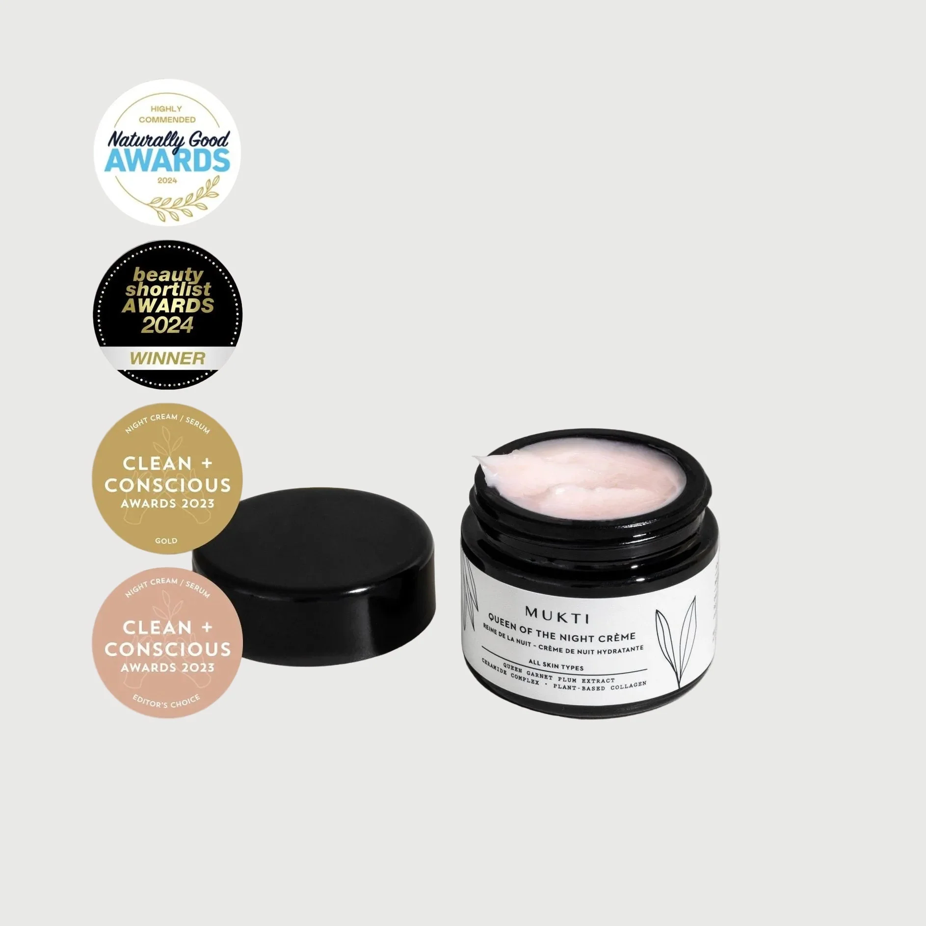 Mukti Queen of the Night Cream jar, creamy texture on fingertip