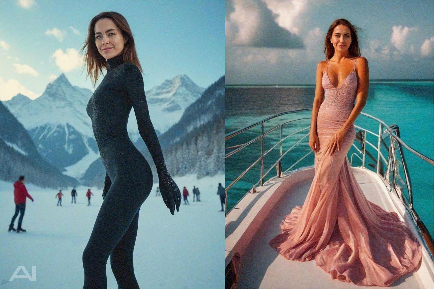 This Isn’t Really Me, But It’s What AI Thinks I Should Be2 AI-generated woman in black snowsuit on mountain and in a flowing pink gown on a yacht.
