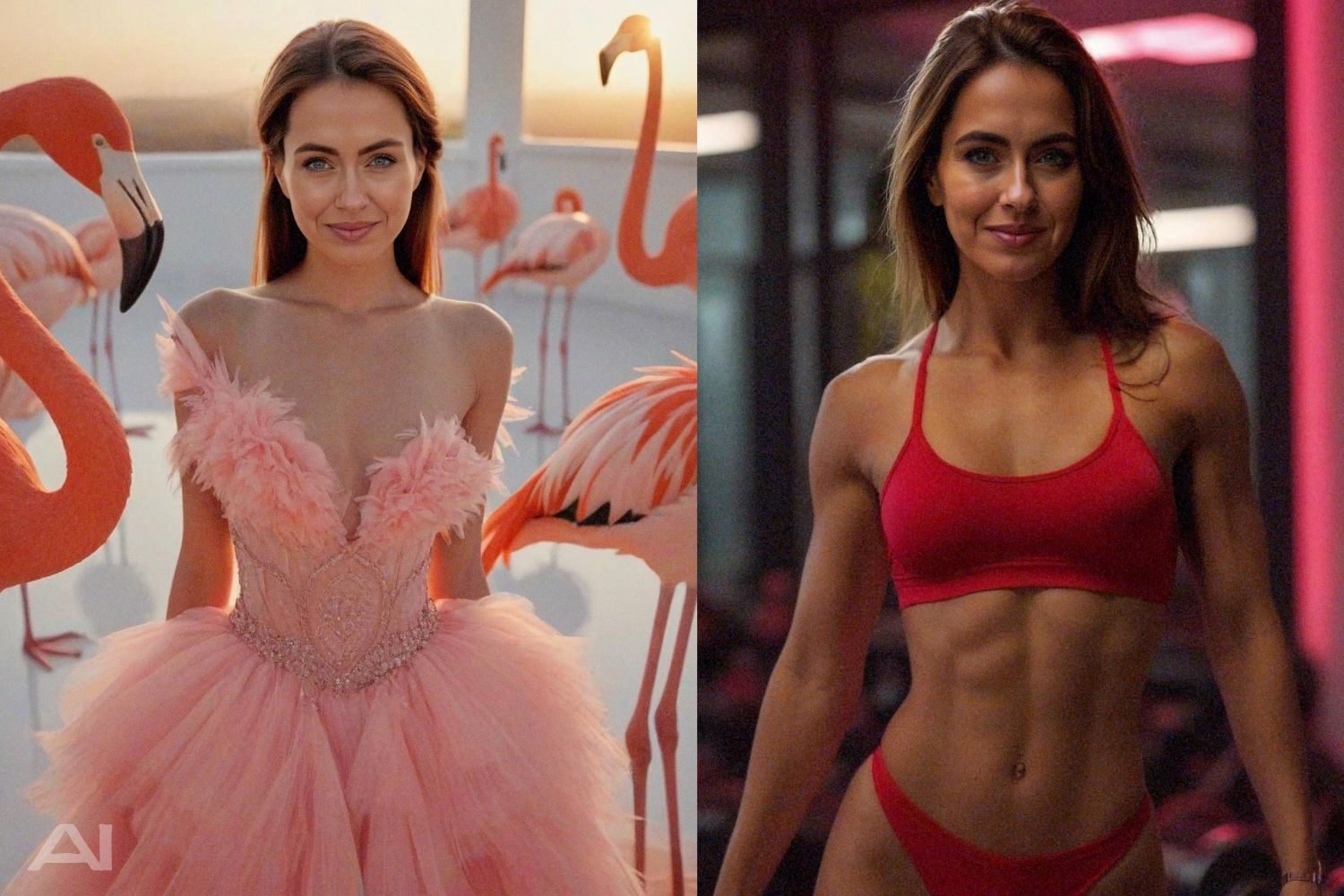 AI woman posing with flamingos in a feathered dress and in red sportswear in a gym setting.