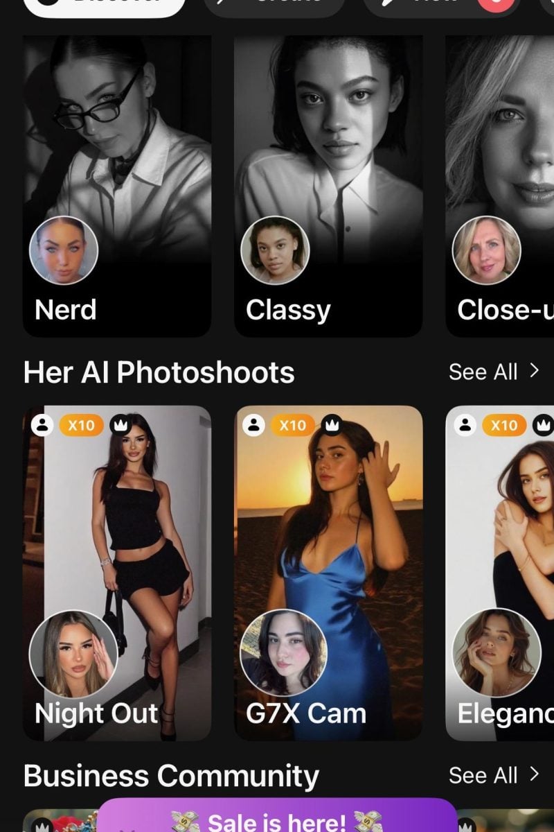 Mobile app interface showing AI photo styles including Nerd, Classy, and Night Out options