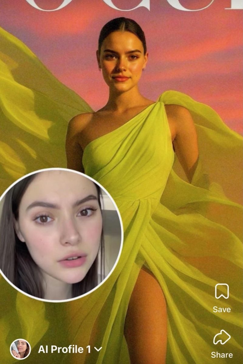 Screenshot AI-styled woman in a lime green flowing gown with ‘VOGUE’ text, sunset sky and inset real face.