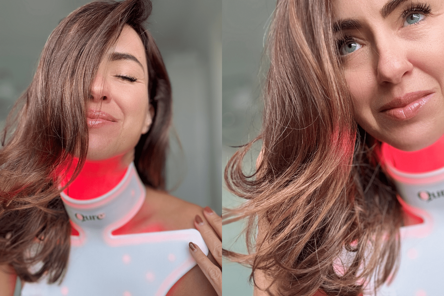 Editorial collage of woman smiling and posing while wearing Qure Neck & Décolletage LED Mask with red light.